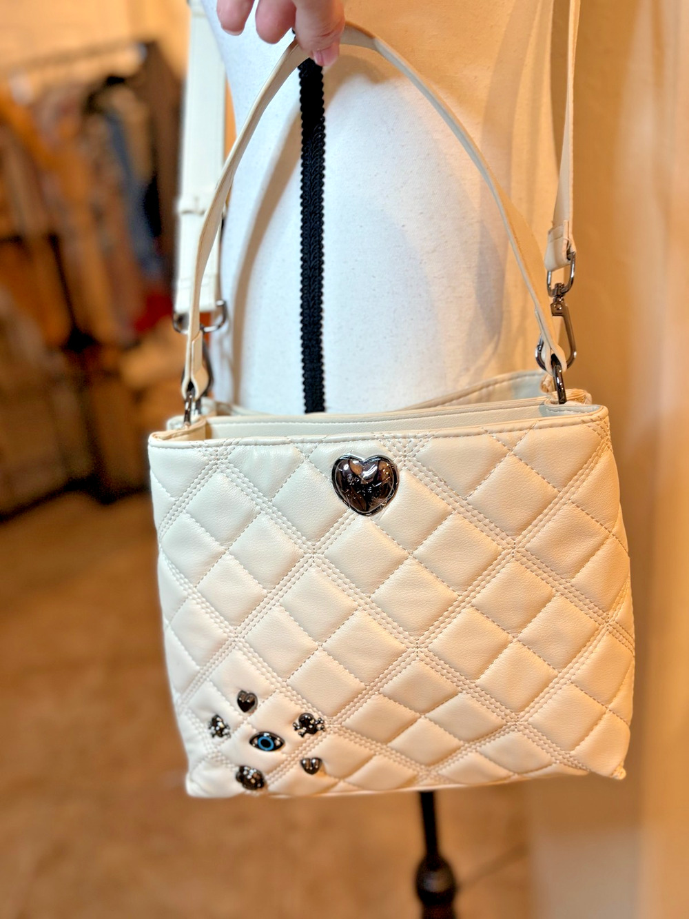 Betsey Johnson Chalk/Bone XOWALLY Quilted Tote with Crossbody Strap NEW